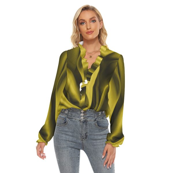 All-Over Print Women's Pleated Collar V-neck Shirt