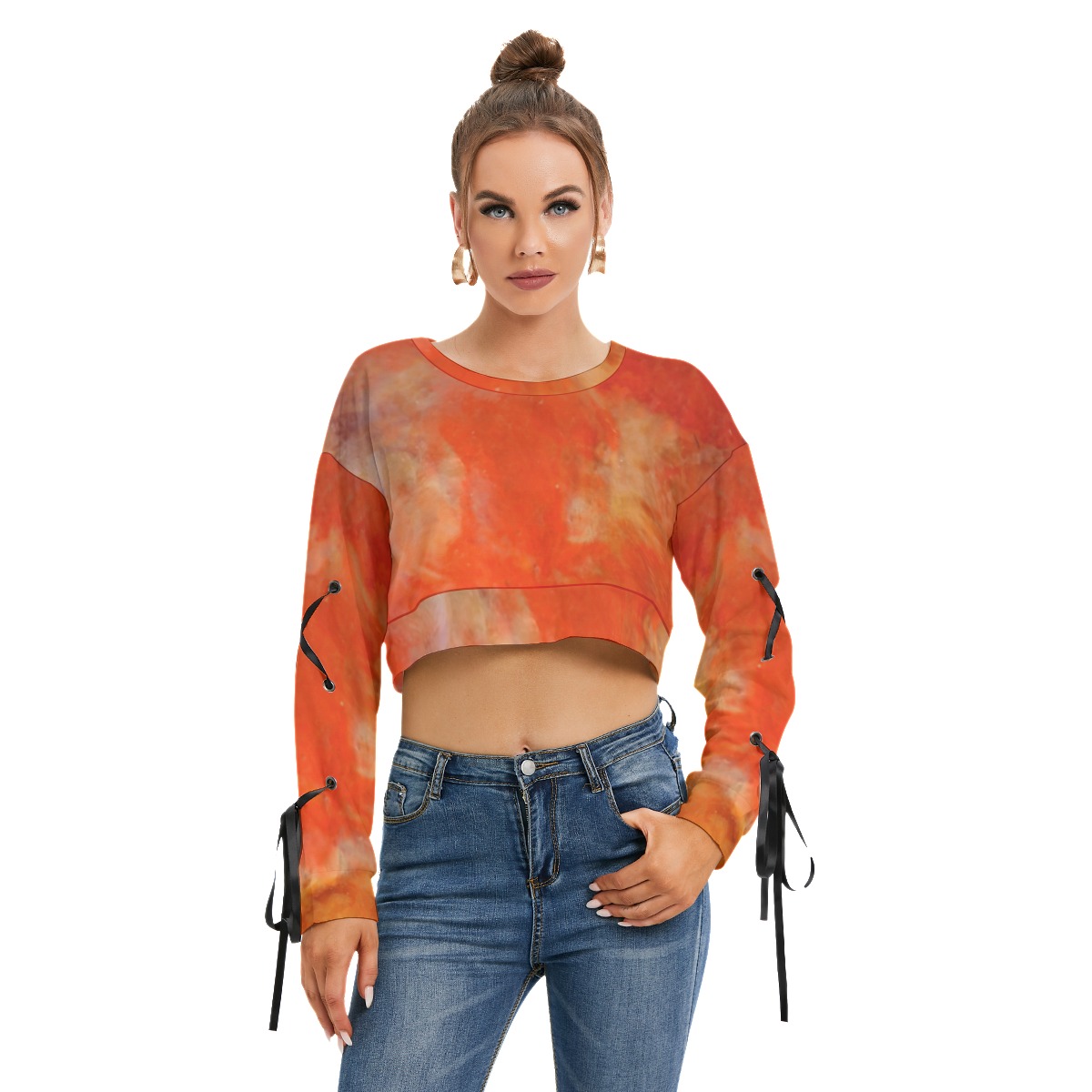 All-Over Print Women's Long Sleeve Cropped Sweatshirt With Lace up