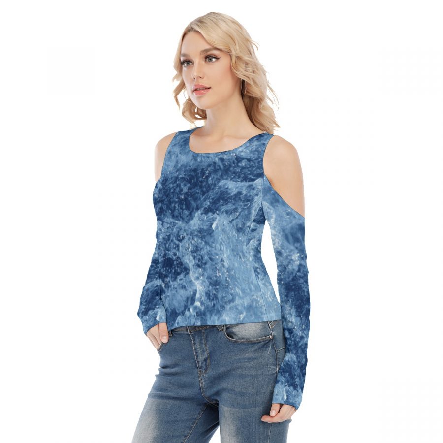 All-Over Print Women's Cold Shoulder Round Neck Long Sleeves Blouse - Image 3