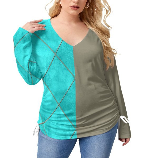 All-Over Print Women’s V-neck T-shirt With Side Drawstring(Plus Size)
