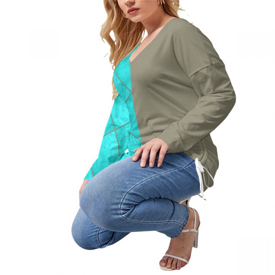All-Over Print Women’s V-neck T-shirt With Side Drawstring(Plus Size) - Image 3