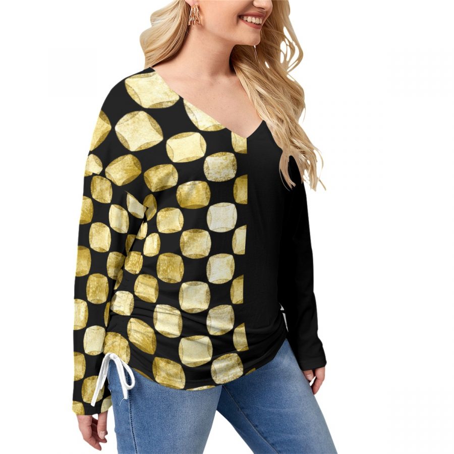 All-Over Print Women’s V-neck T-shirt With Side Drawstring(Plus Size) - Image 2