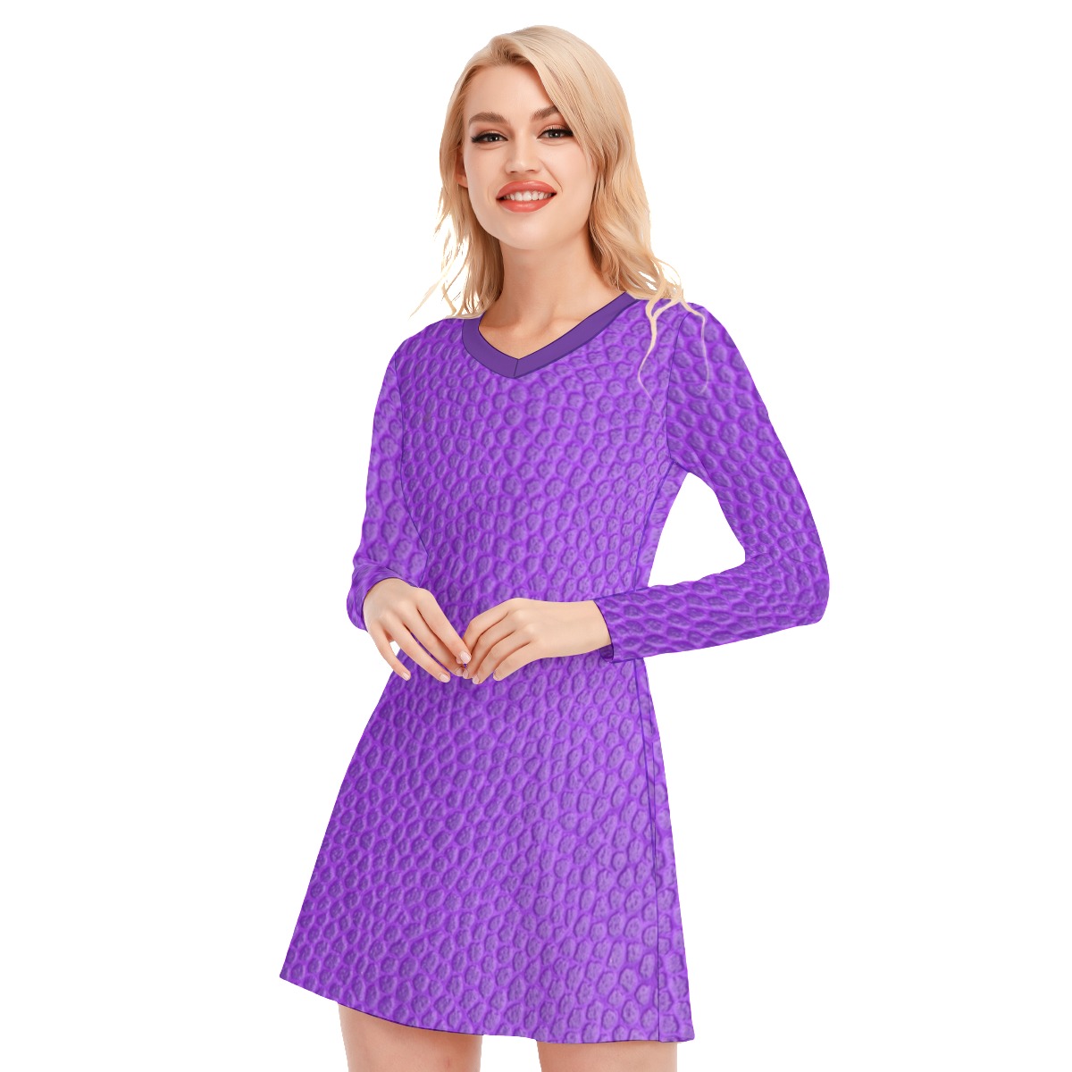 All-Over Print Women's V-neck Long Sleeve Dress - Image 3