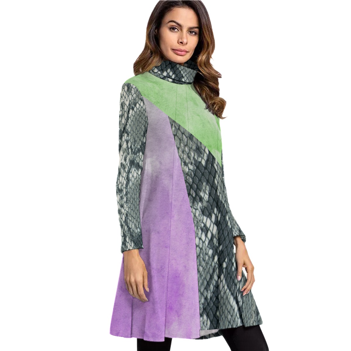 All-Over Print Women's High Neck Dress With Long Sleeve - Image 2