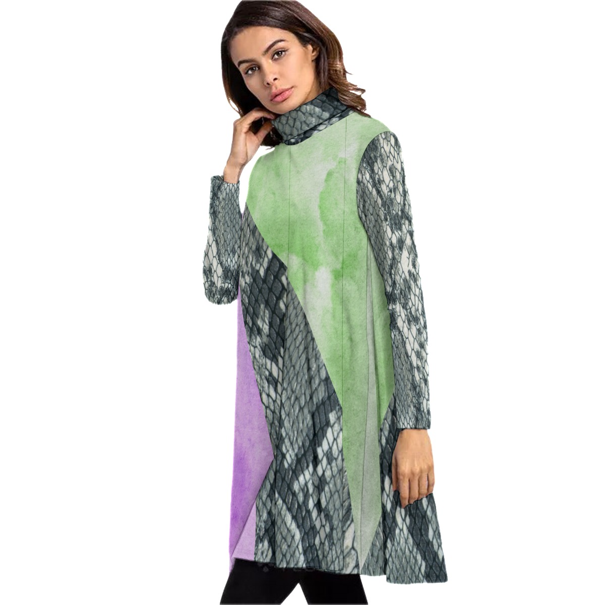 All-Over Print Women's High Neck Dress With Long Sleeve - Image 3