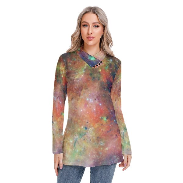 All-Over Print Women's Long-sleeved Heap-neck Slim Casual Tunic Blouse