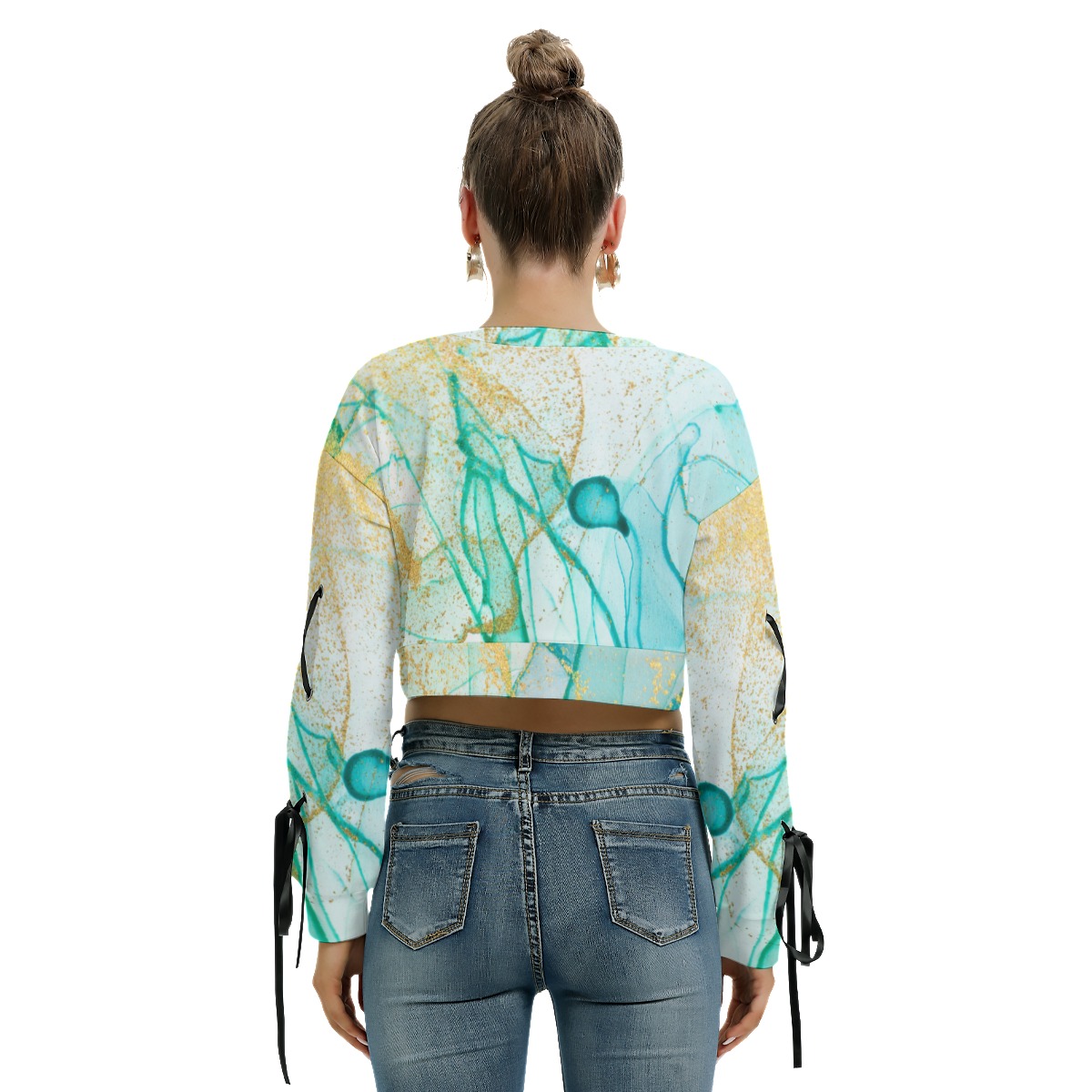 All-Over Print Women's Long Sleeve Cropped Sweatshirt With Lace up - Image 4