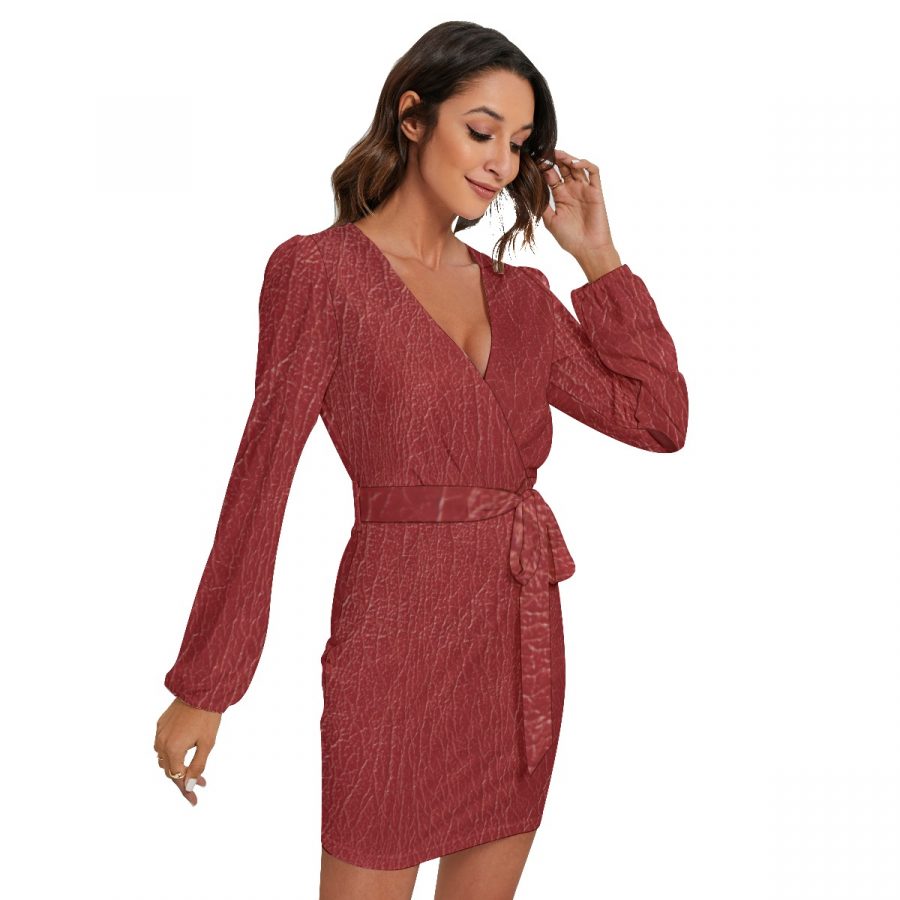 All-Over Print Women's Long Sleeve Dress With Waist Belt - Image 2