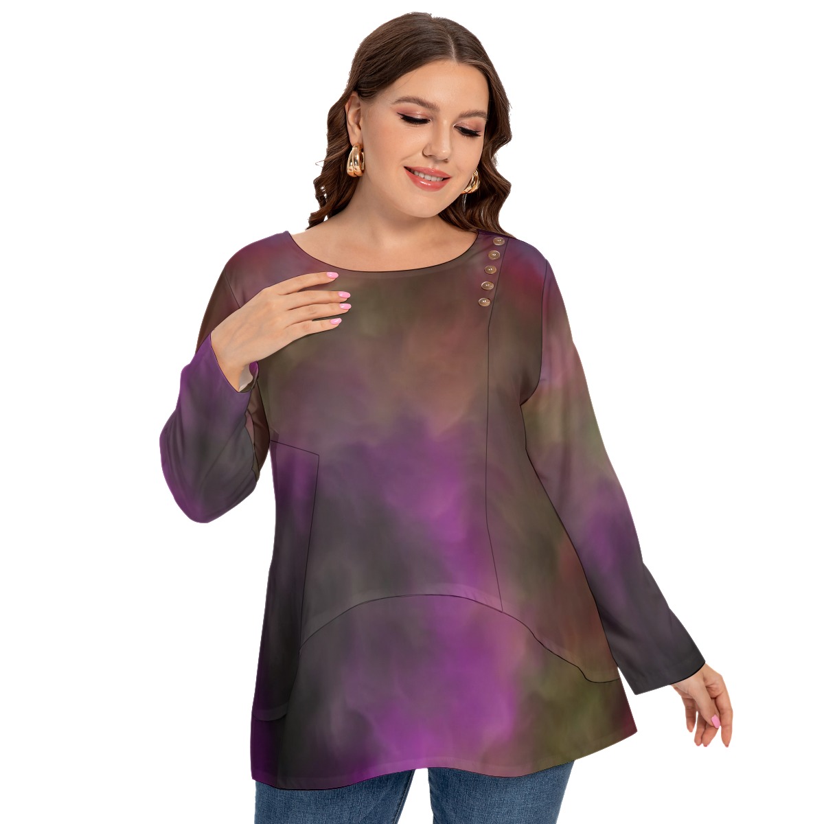 All-Over Print Women’s O-nekc T-shirt With Decorative Buttons(Plus Size)