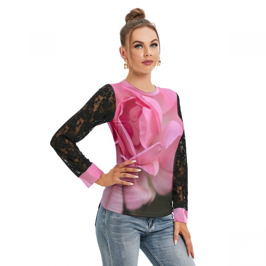 All-Over Print Women's T-shirt And Sleeve With Black Lace - Image 3