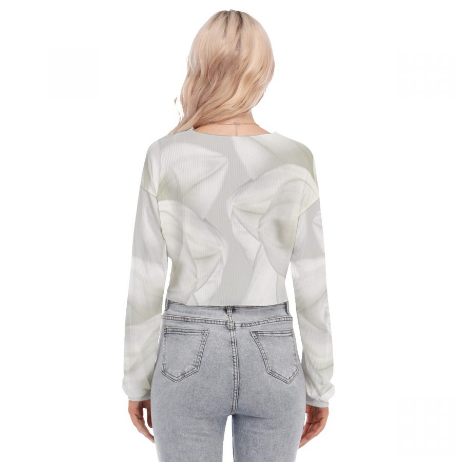 All-Over Print Women's V-neck Lapel Long Sleeve Cropped T-shirt - Image 4
