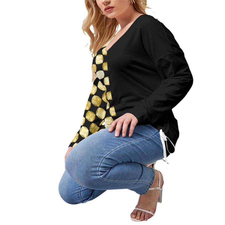 All-Over Print Women’s V-neck T-shirt With Side Drawstring(Plus Size) - Image 3