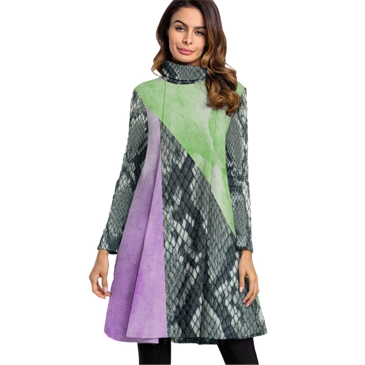 All-Over Print Women's High Neck Dress With Long Sleeve