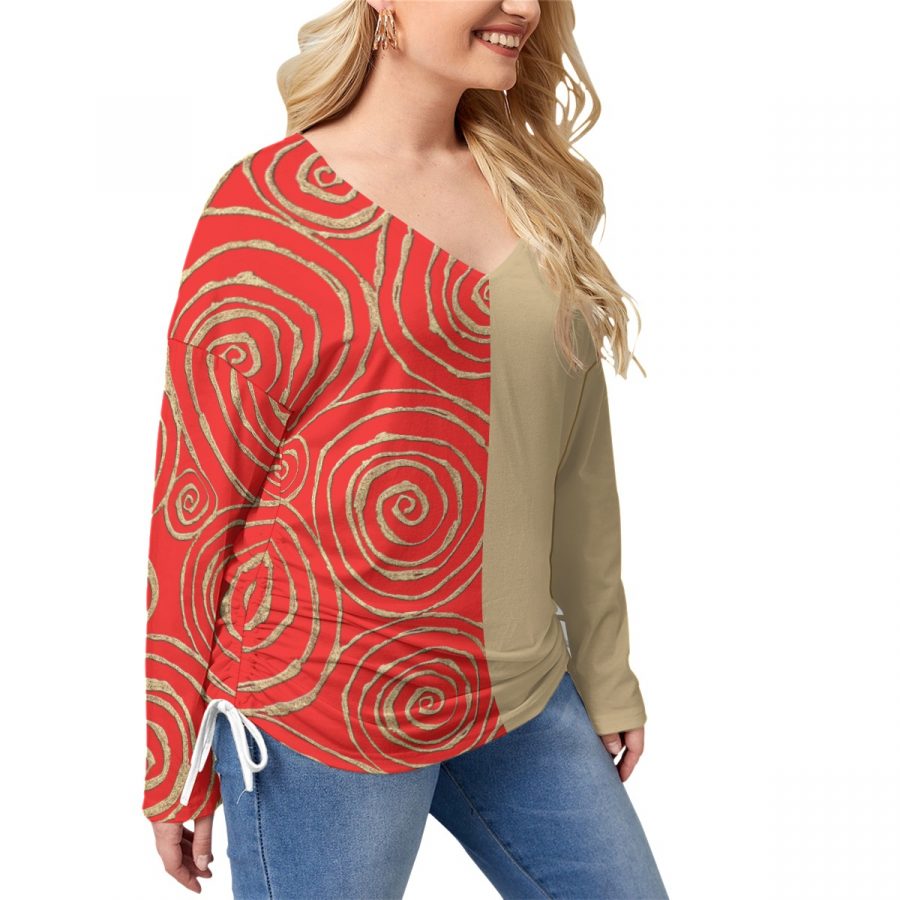 All-Over Print Women’s V-neck T-shirt With Side Drawstring(Plus Size) - Image 2