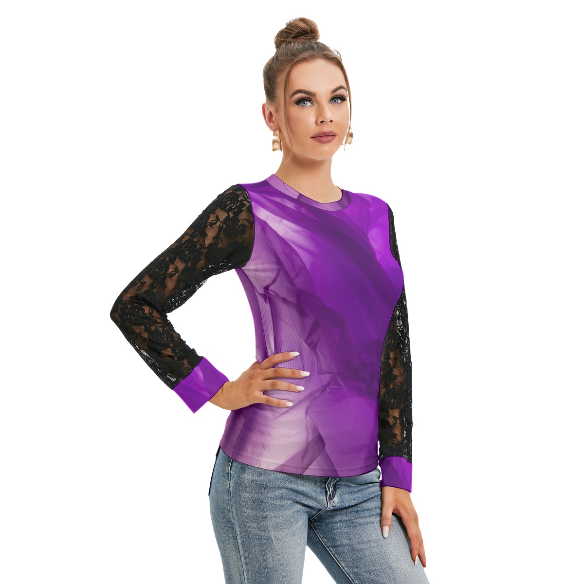 All-Over Print Women's T-shirt And Sleeve With Black Lace - Image 3