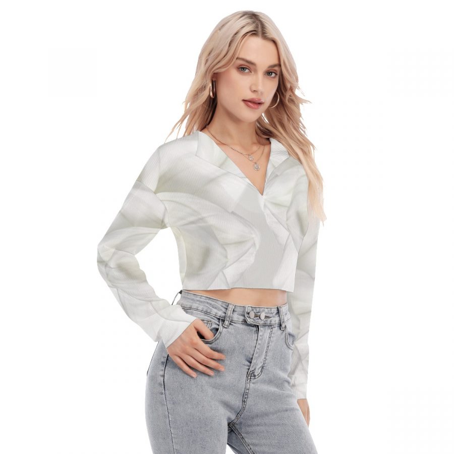 All-Over Print Women's V-neck Lapel Long Sleeve Cropped T-shirt - Image 2