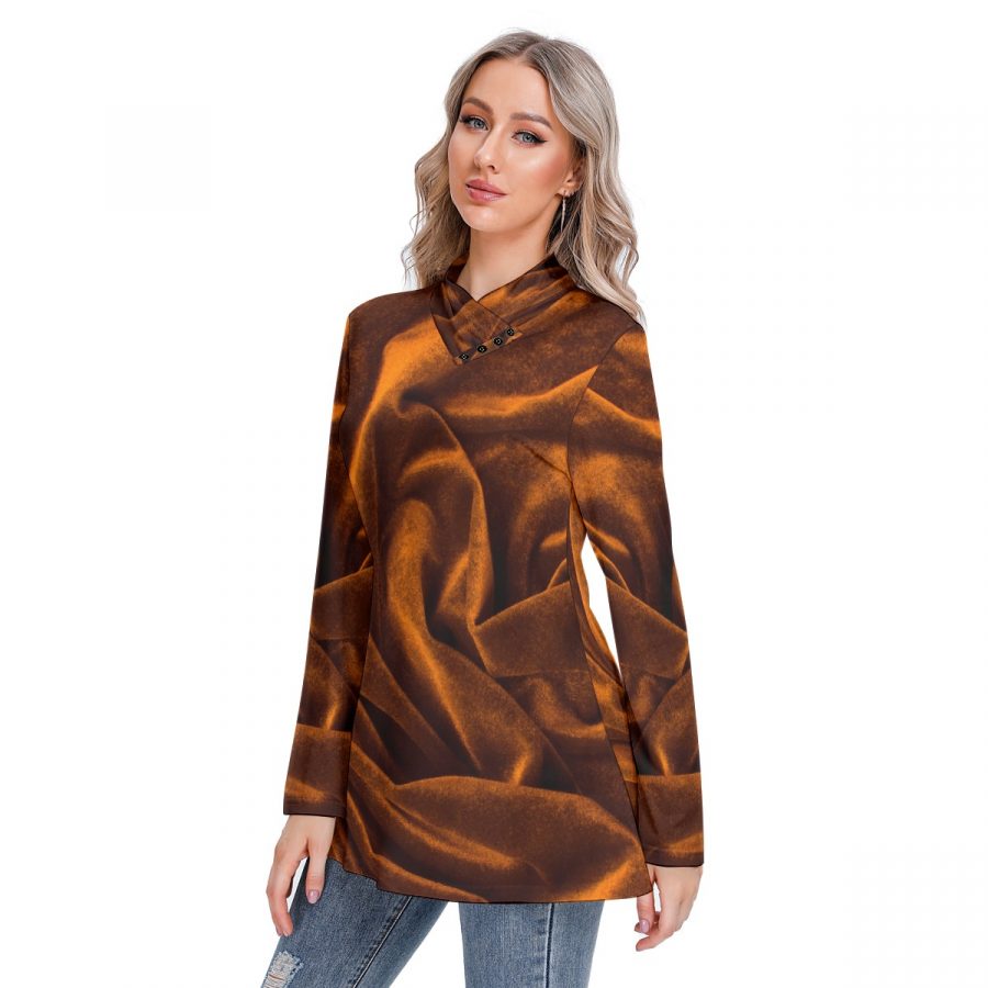 All-Over Print Women's Long-sleeved Heap-neck Slim Casual Tunic Blouse - Image 2