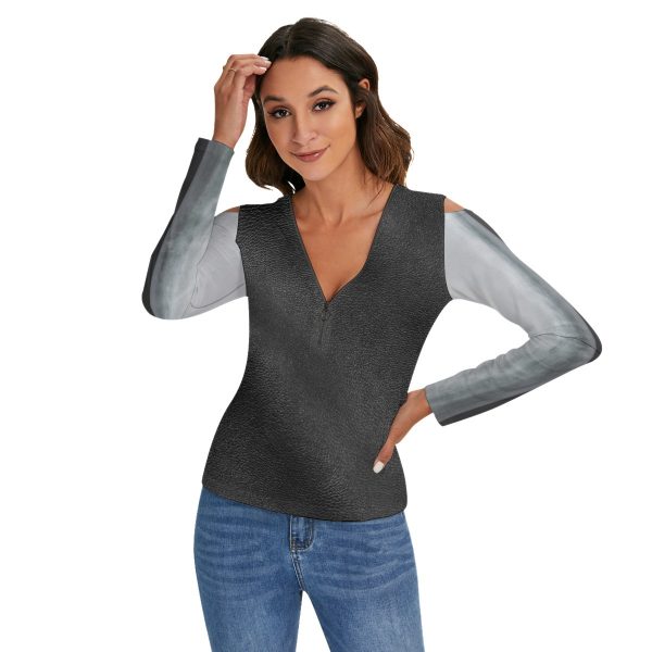 All-Over Print Women's Cold Shoulder Half Zip V-Neck Blouse
