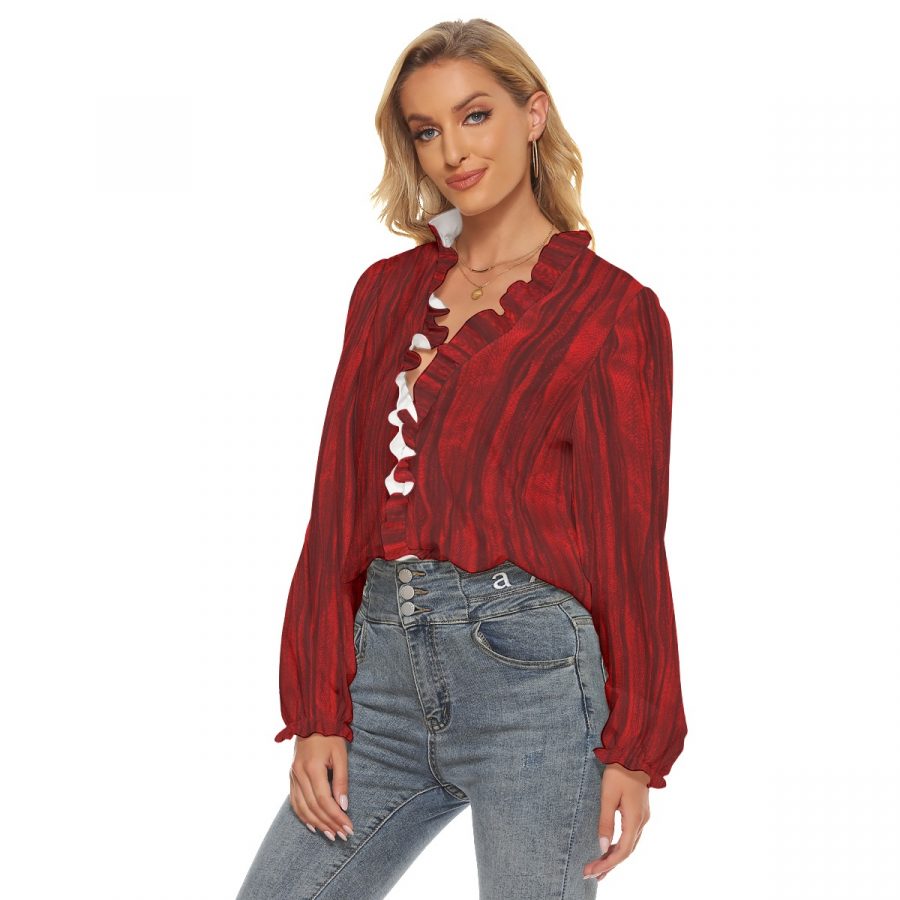 All-Over Print Women's Pleated Collar V-neck Shirt - Image 2
