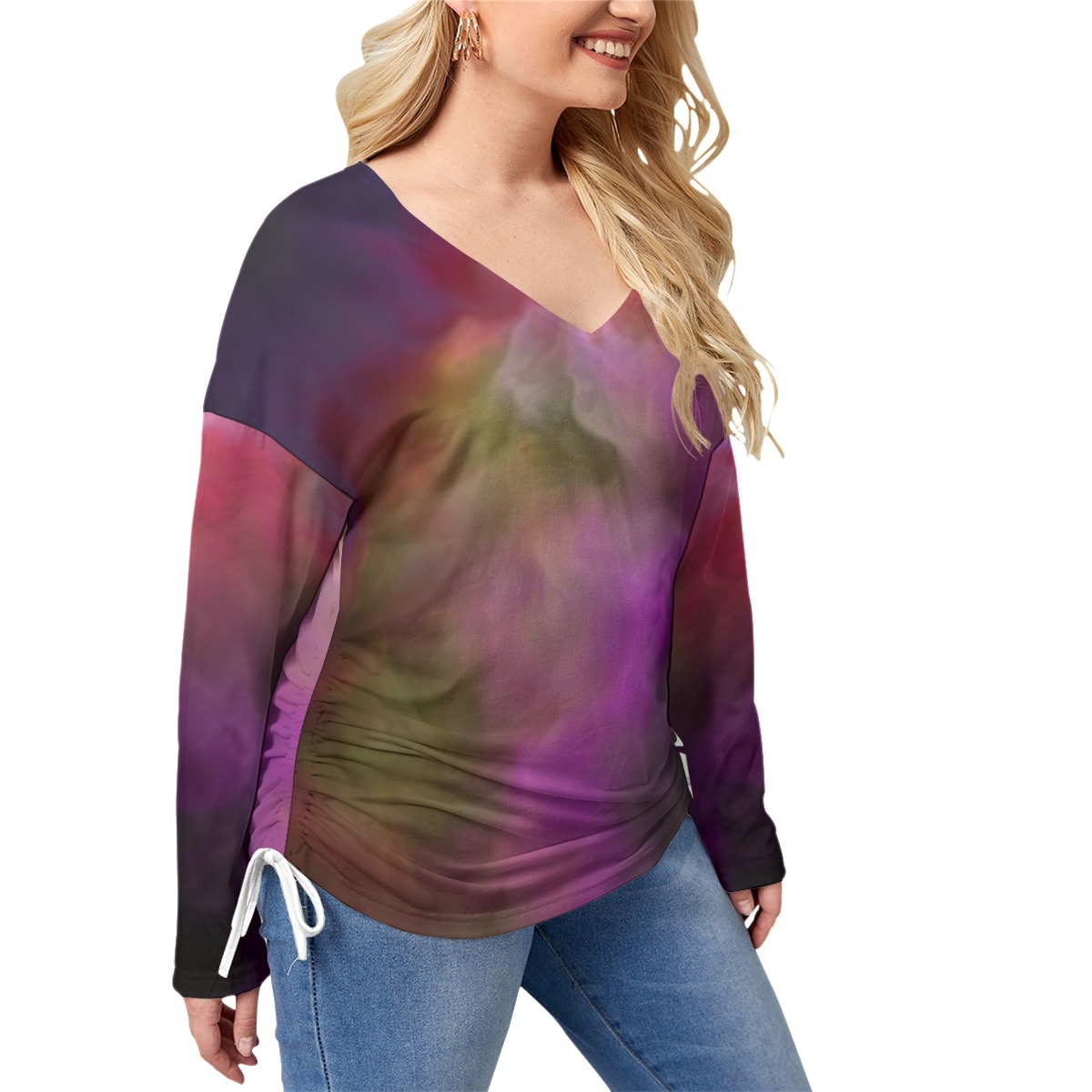All-Over Print Women’s V-neck T-shirt With Side Drawstring(Plus Size) - Image 2