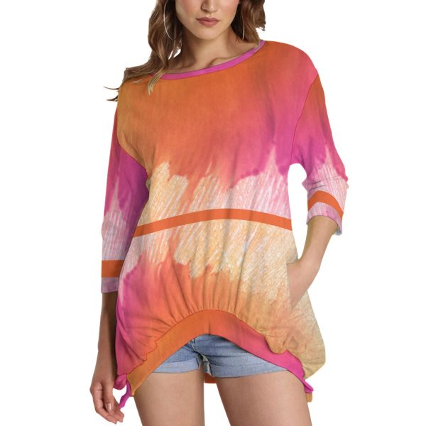 All-Over Print Women's Sweatshirt With Irregular Pleated Hem
