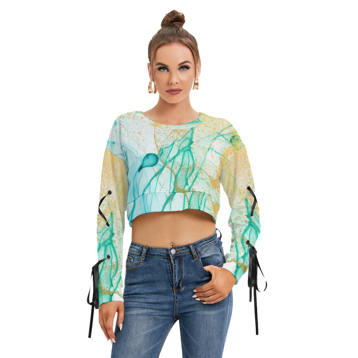 All-Over Print Women's Long Sleeve Cropped Sweatshirt With Lace up