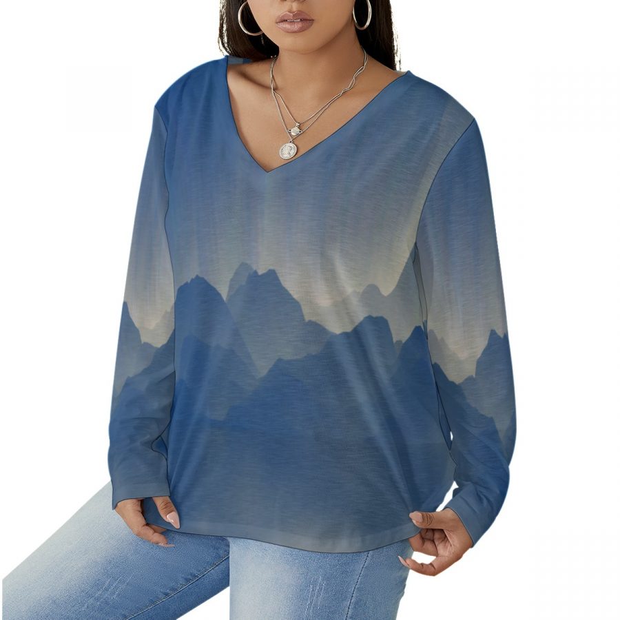 All-Over Print Women's V-neck T-shirt With Curved Hem(Plus Size) - Image 2