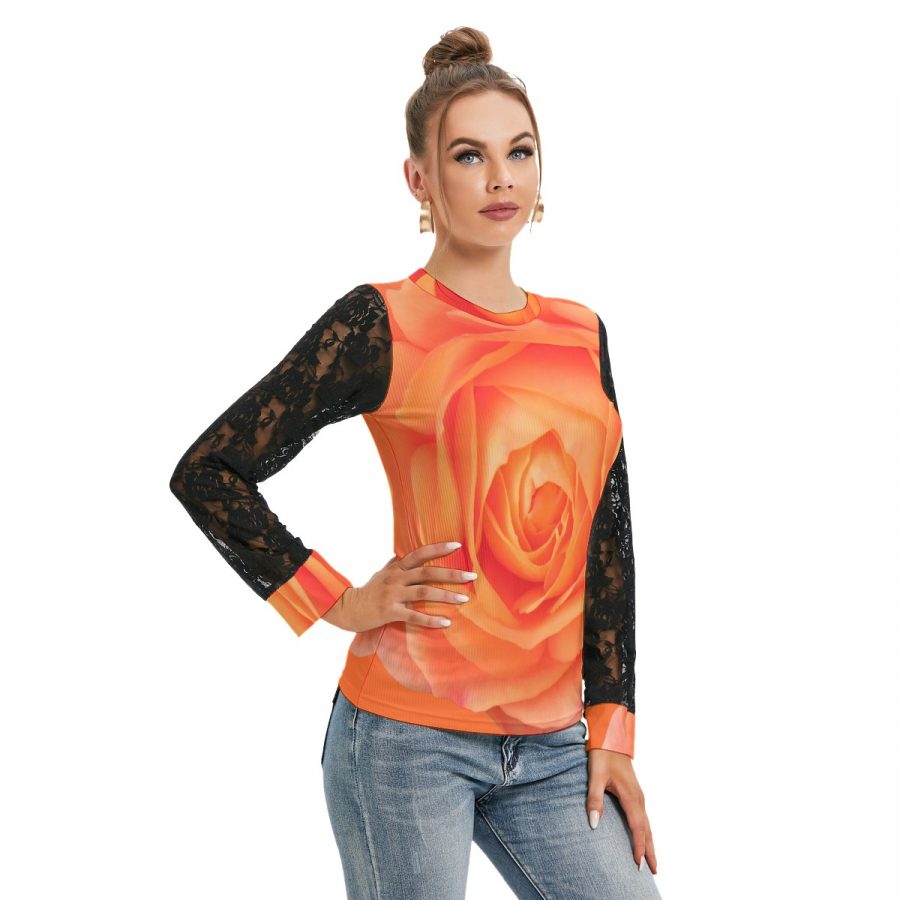 All-Over Print Women's T-shirt And Sleeve With Black Lace - Image 3