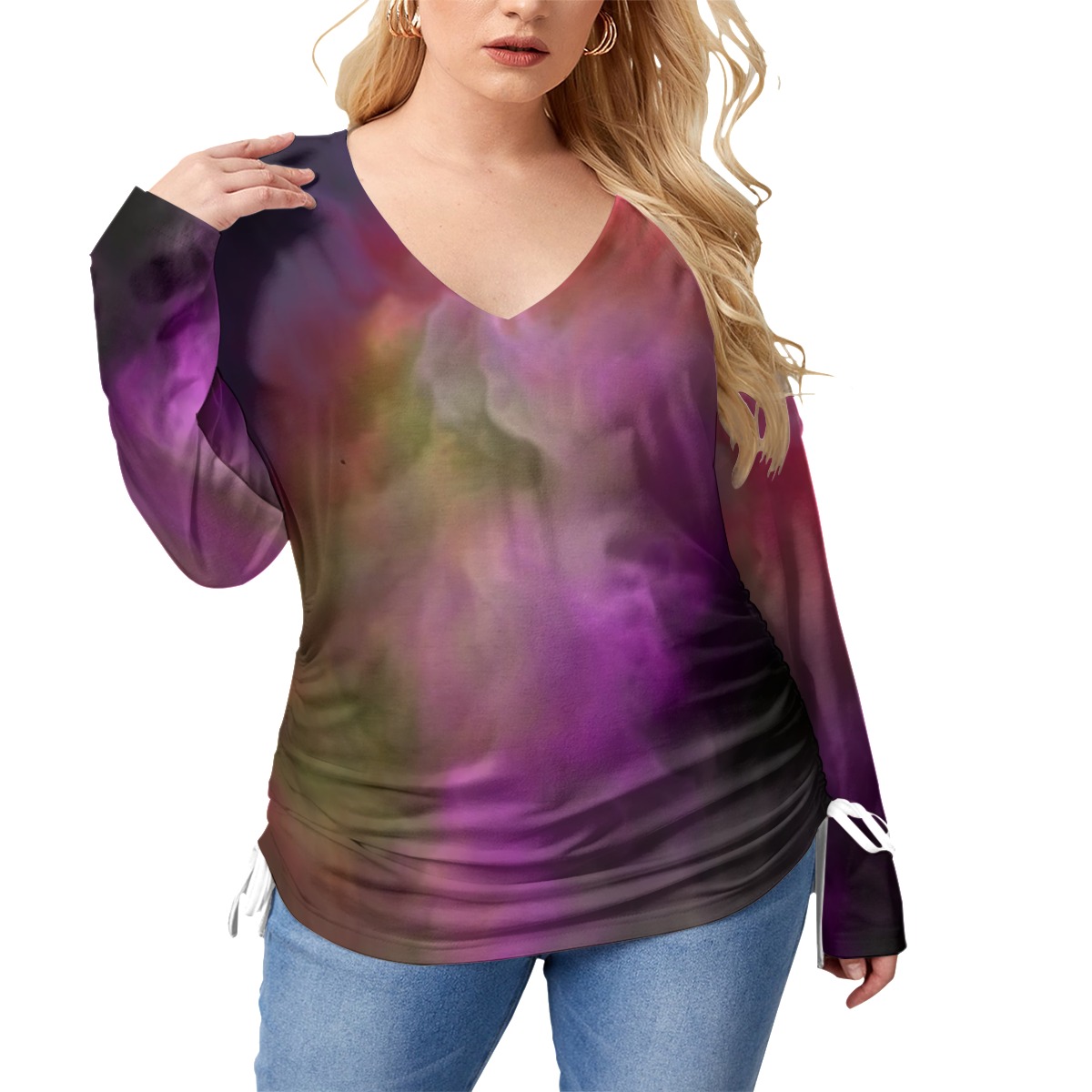 All-Over Print Women’s V-neck T-shirt With Side Drawstring(Plus Size)