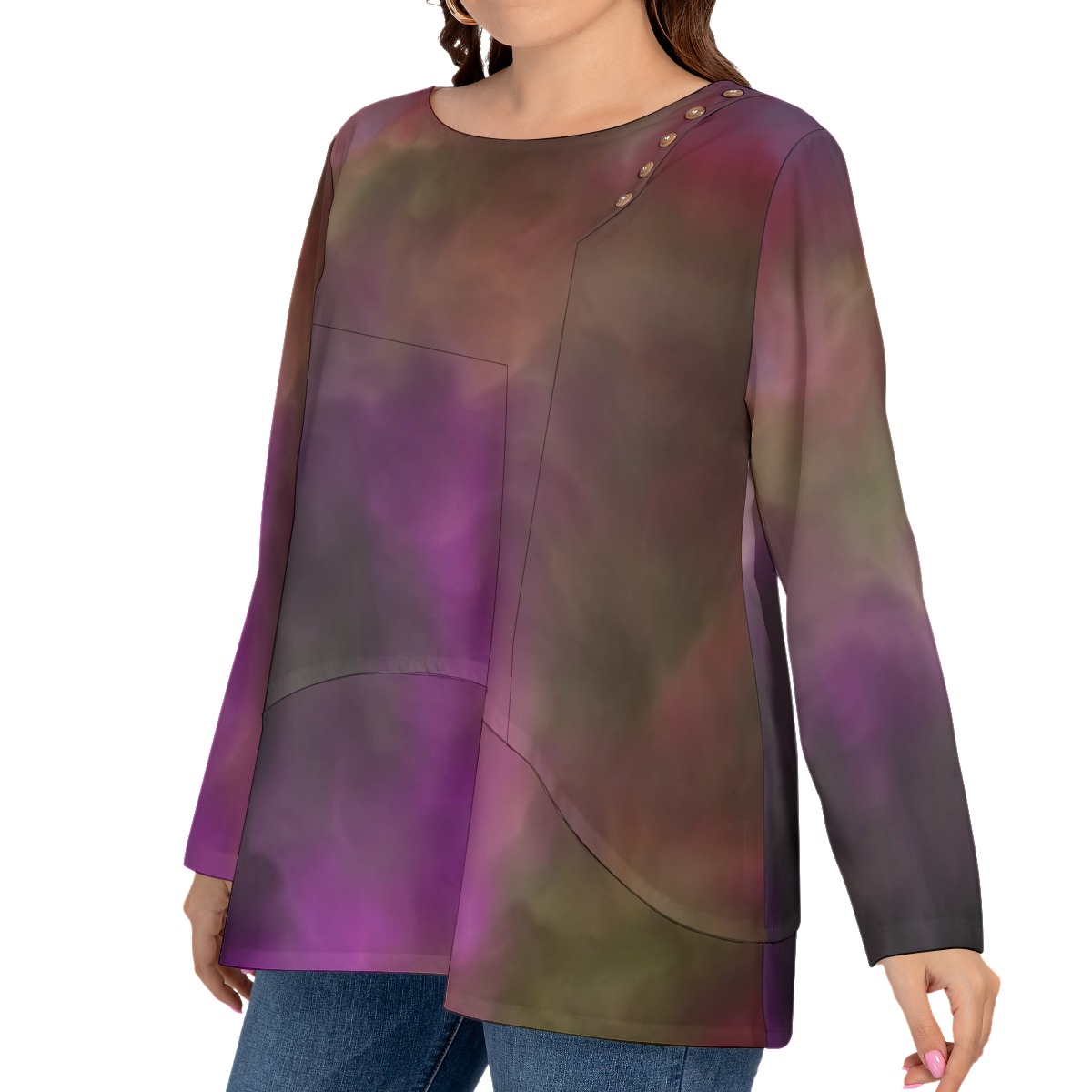 All-Over Print Women’s O-nekc T-shirt With Decorative Buttons(Plus Size) - Image 2