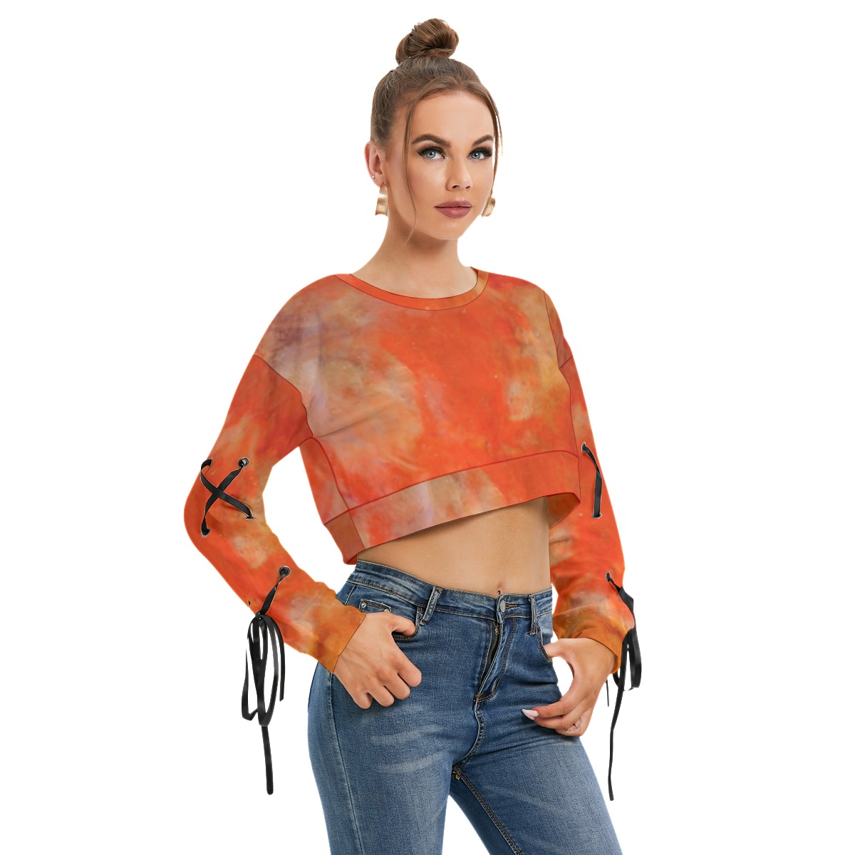All-Over Print Women's Long Sleeve Cropped Sweatshirt With Lace up - Image 2