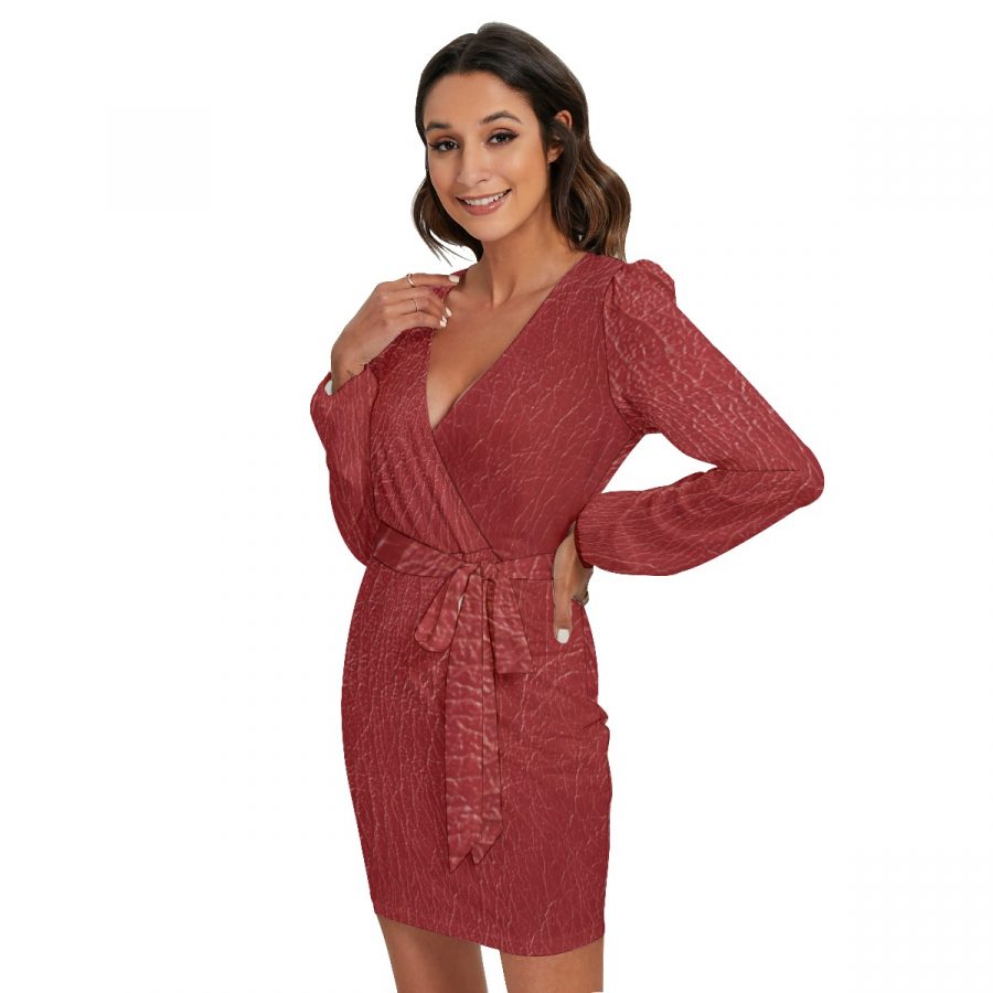 All-Over Print Women's Long Sleeve Dress With Waist Belt - Image 3