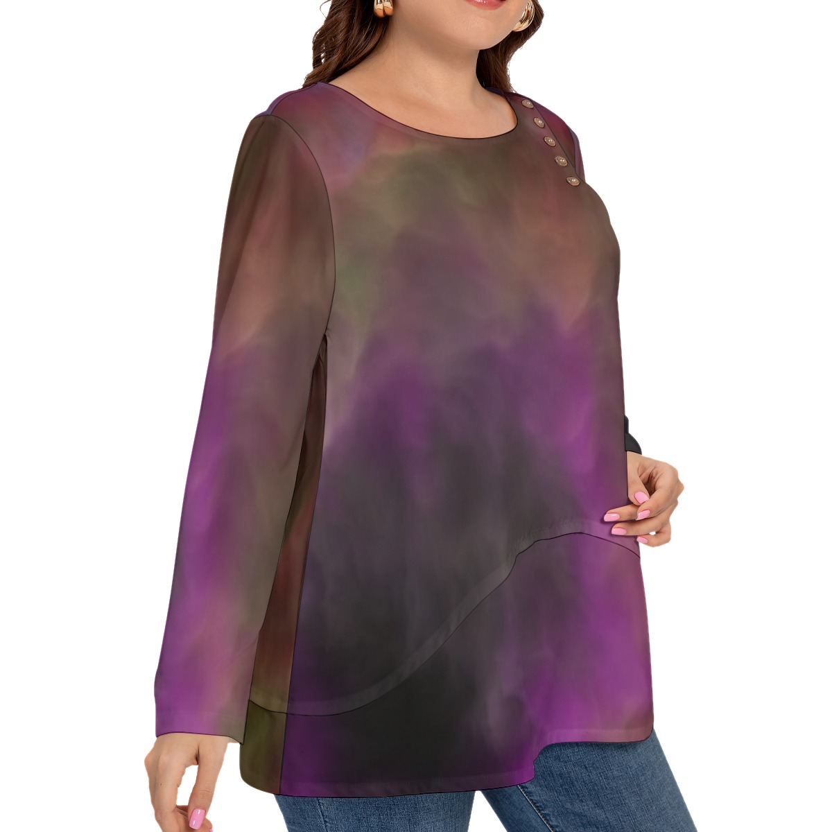 All-Over Print Women’s O-nekc T-shirt With Decorative Buttons(Plus Size) - Image 3