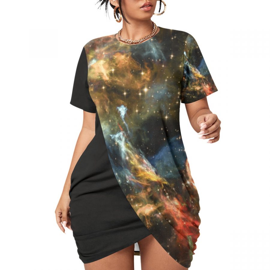 All-Over Print Women’s Stacked Hem Dress With Short Sleeve（Plus Size）
