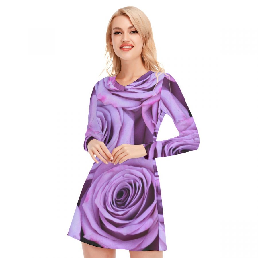 All-Over Print Women's V-neck Long Sleeve Dress - Image 3