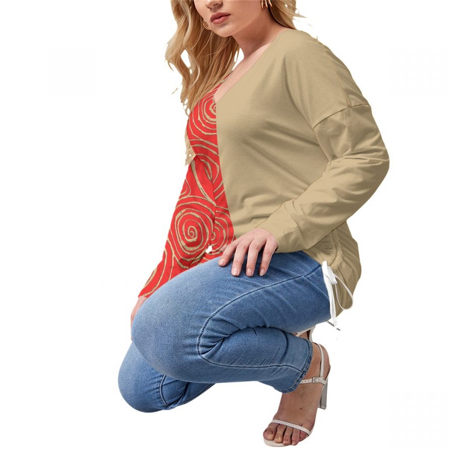 All-Over Print Women’s V-neck T-shirt With Side Drawstring(Plus Size) - Image 3