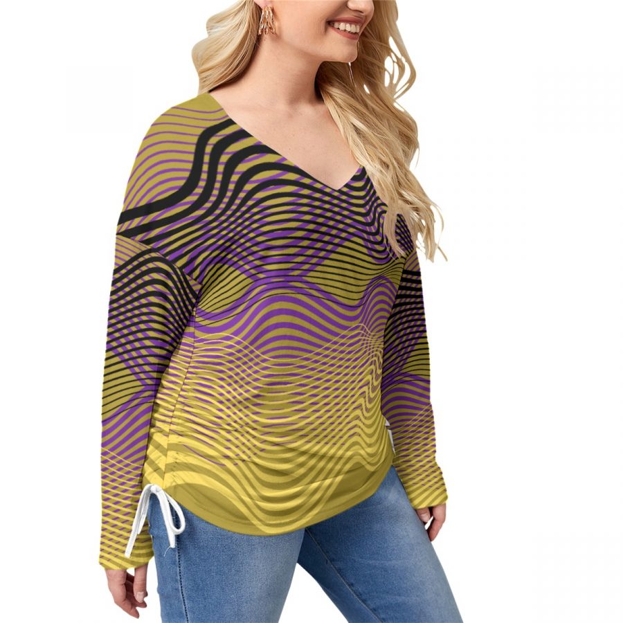 All-Over Print Women’s V-neck T-shirt With Side Drawstring(Plus Size) - Image 2
