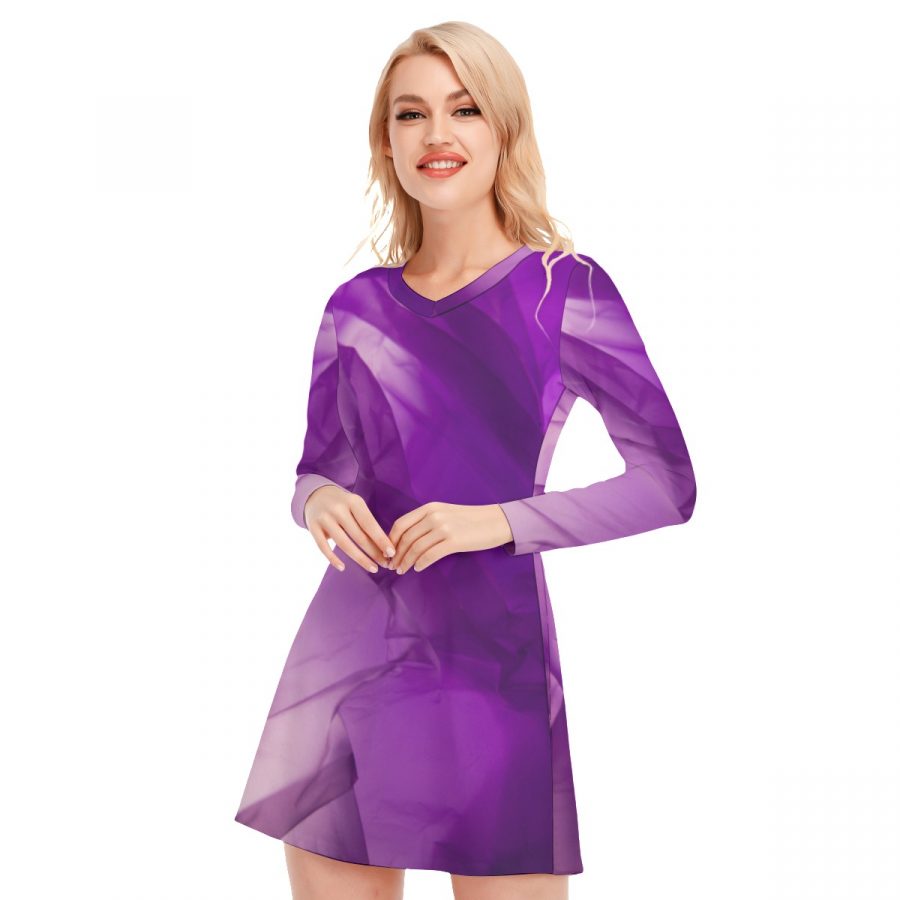 All-Over Print Women's V-neck Long Sleeve Dress - Image 3
