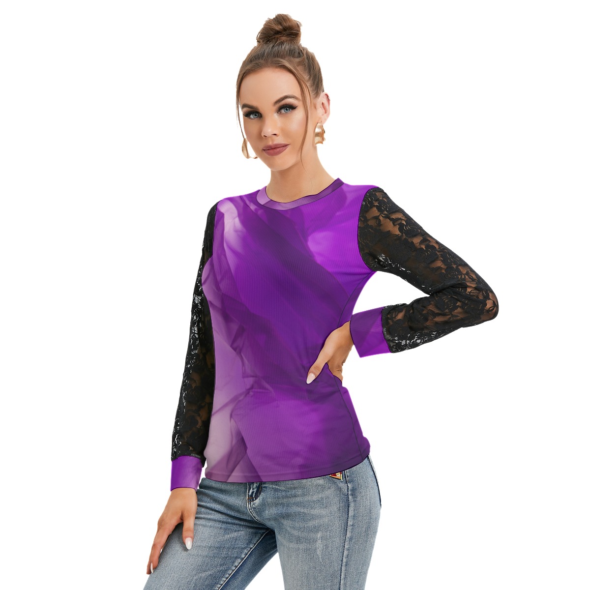 All-Over Print Women's T-shirt And Sleeve With Black Lace - Image 2