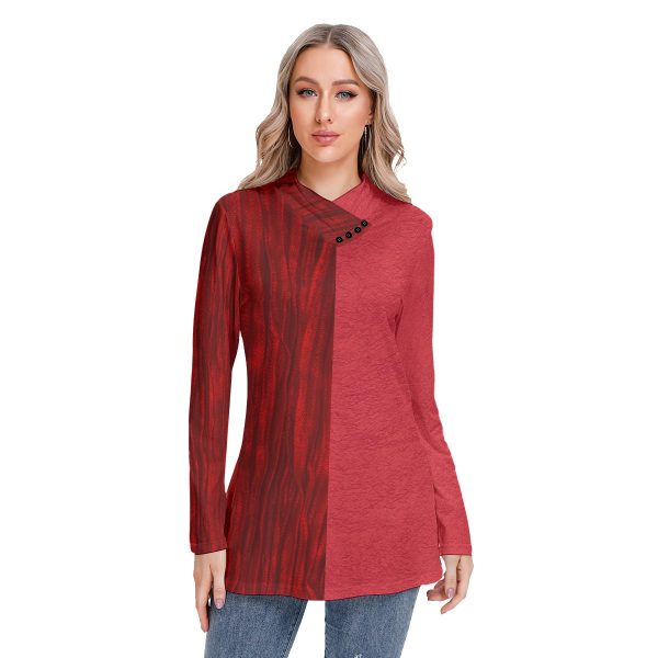 All-Over Print Women's Long-sleeved Heap-neck Slim Casual Tunic Blouse
