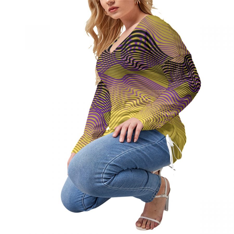 All-Over Print Women’s V-neck T-shirt With Side Drawstring(Plus Size) - Image 3