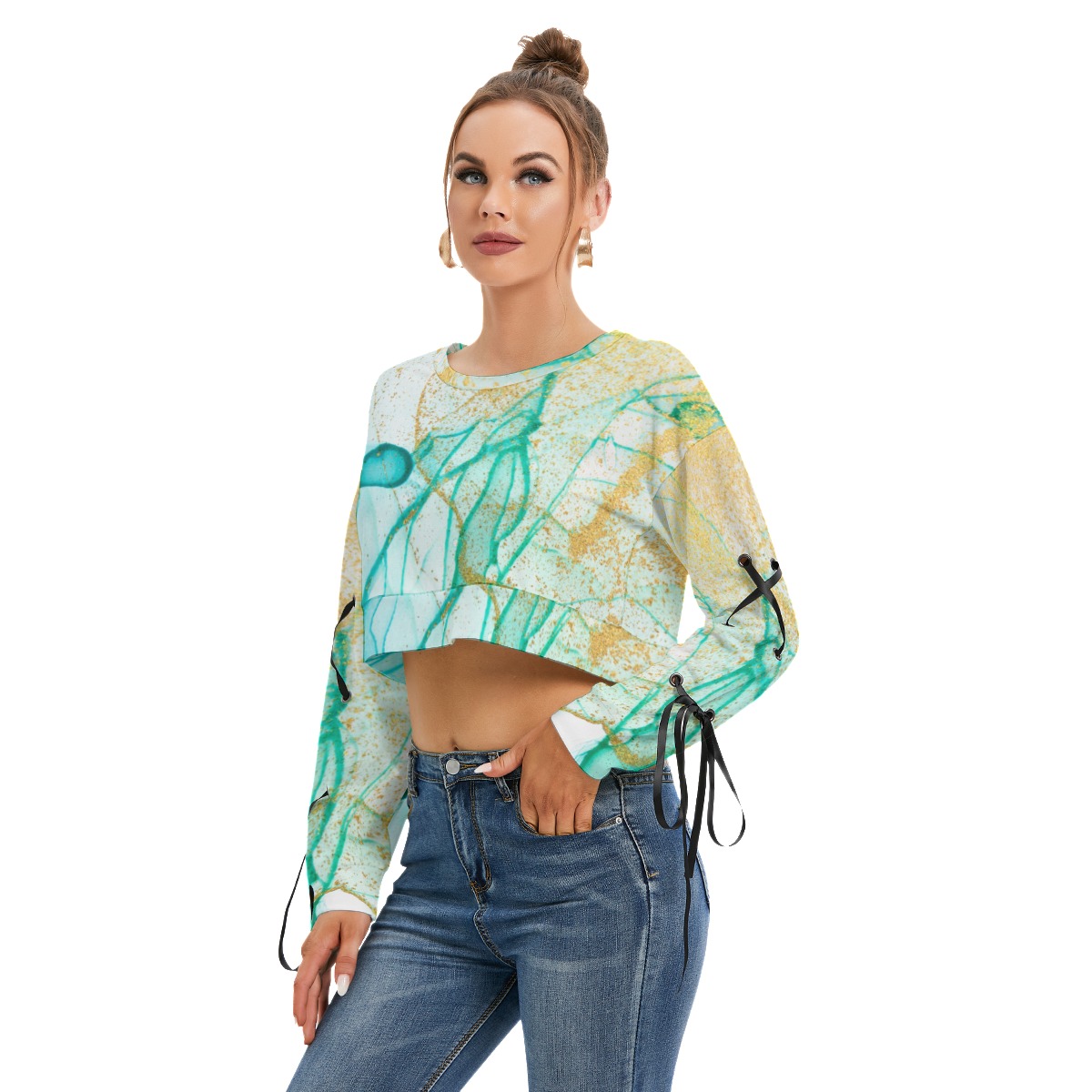 All-Over Print Women's Long Sleeve Cropped Sweatshirt With Lace up - Image 3