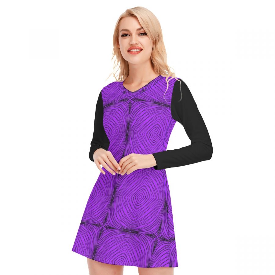 All-Over Print Women's V-neck Long Sleeve Dress - Image 3
