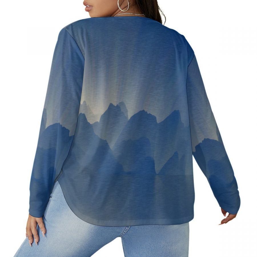 All-Over Print Women's V-neck T-shirt With Curved Hem(Plus Size) - Image 4