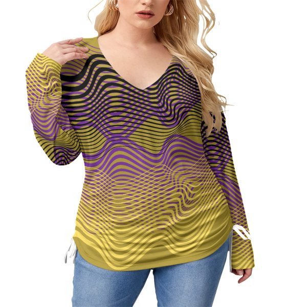 All-Over Print Women’s V-neck T-shirt With Side Drawstring(Plus Size)