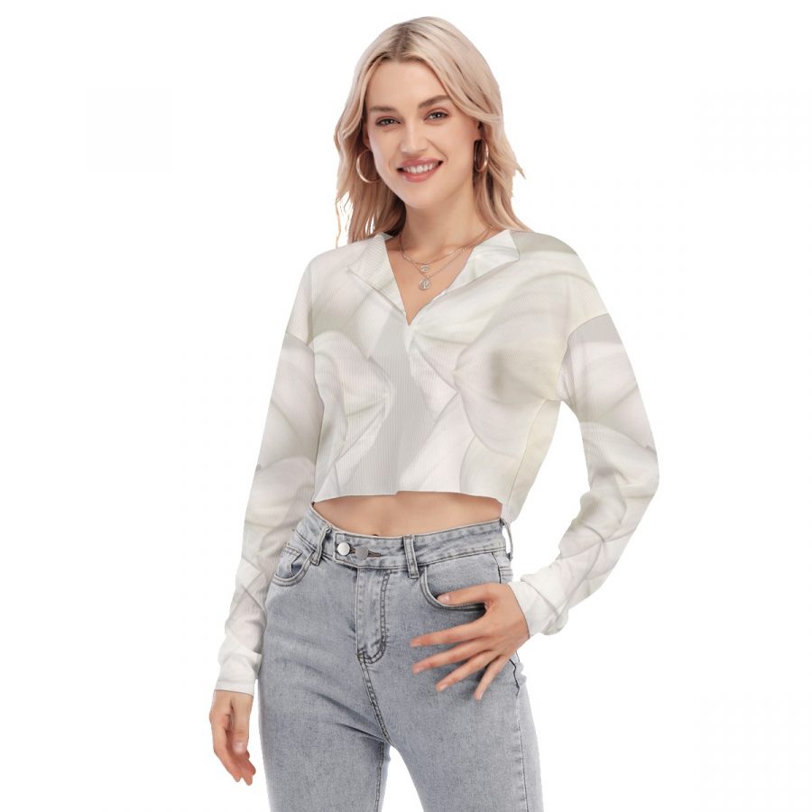 All-Over Print Women's V-neck Lapel Long Sleeve Cropped T-shirt - Image 3