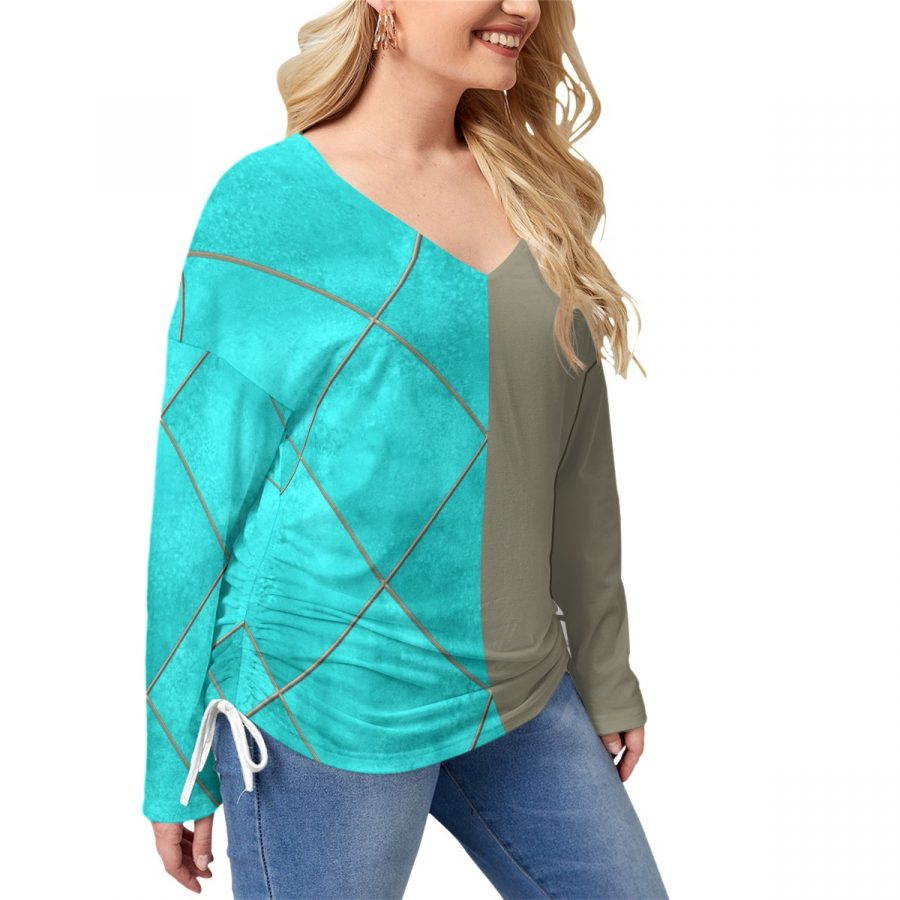 All-Over Print Women’s V-neck T-shirt With Side Drawstring(Plus Size) - Image 2