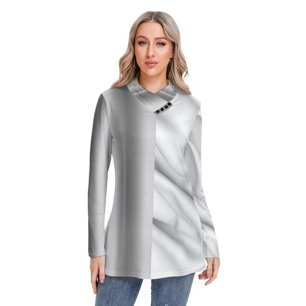 All-Over Print Women's Long-sleeved Heap-neck Slim Casual Tunic Blouse