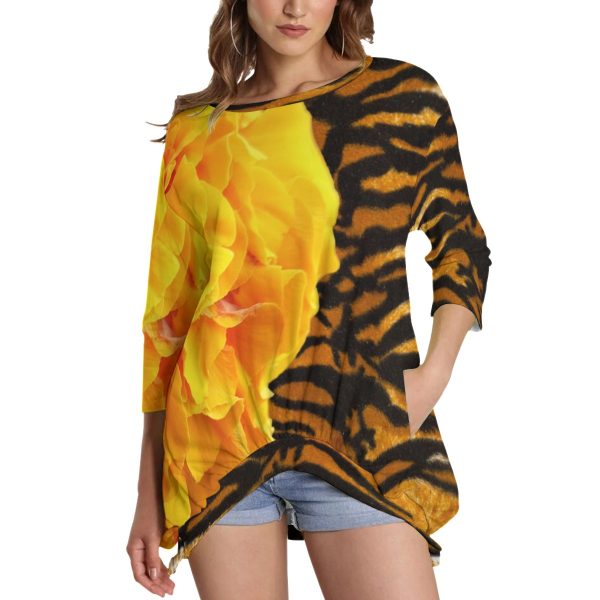 All-Over Print Women's Sweatshirt With Irregular Pleated Hem