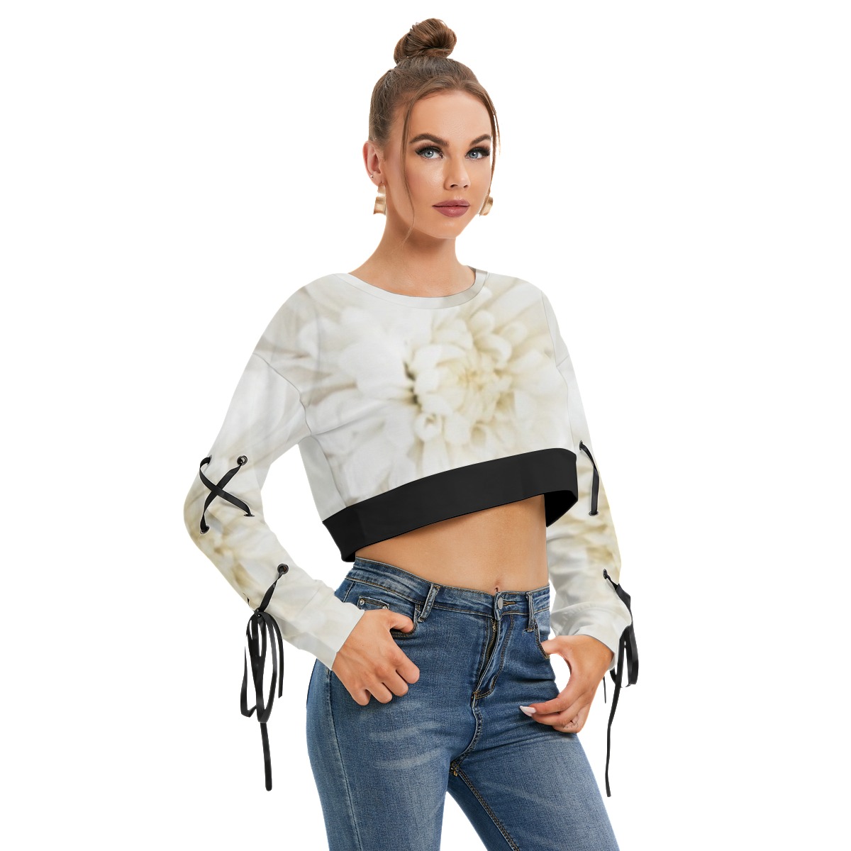 All-Over Print Women's Long Sleeve Cropped Sweatshirt With Lace up - Image 2